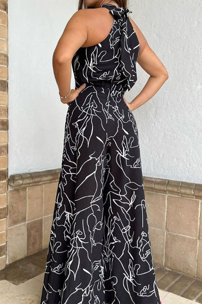 Casual Simplicity Print Patchwork Frenulum Halter Loose Jumpsuits(9 Colors)