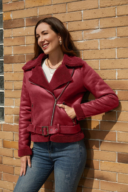 Shearling Lined Belted Suede Jacket