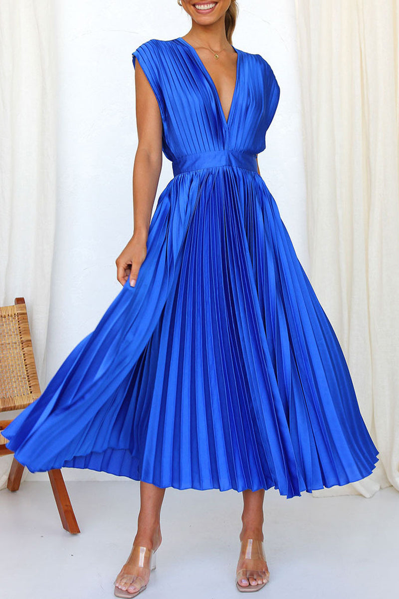 Vestidos plisados sexys y sencillos con escote en V y cremallera en el frenillo (3 colores)