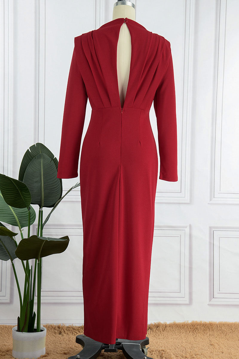 Elegant Solid Patchwork Backless Slit Fold O Neck Straight Dresses(3 Colors)