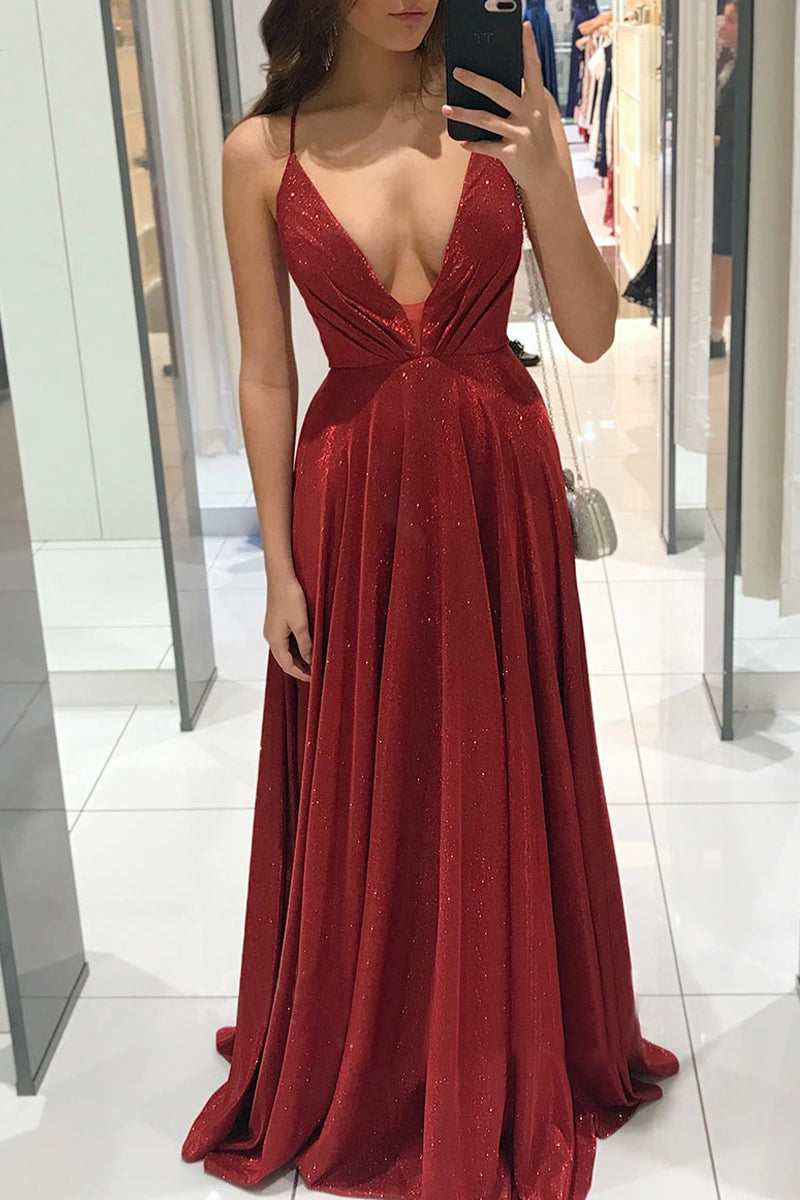 Vestidos de princesa elegantes con escote en V y espalda descubierta de color liso de celebridades