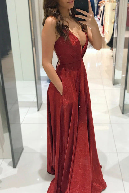 Vestidos de princesa elegantes con escote en V y espalda descubierta de color liso de celebridades