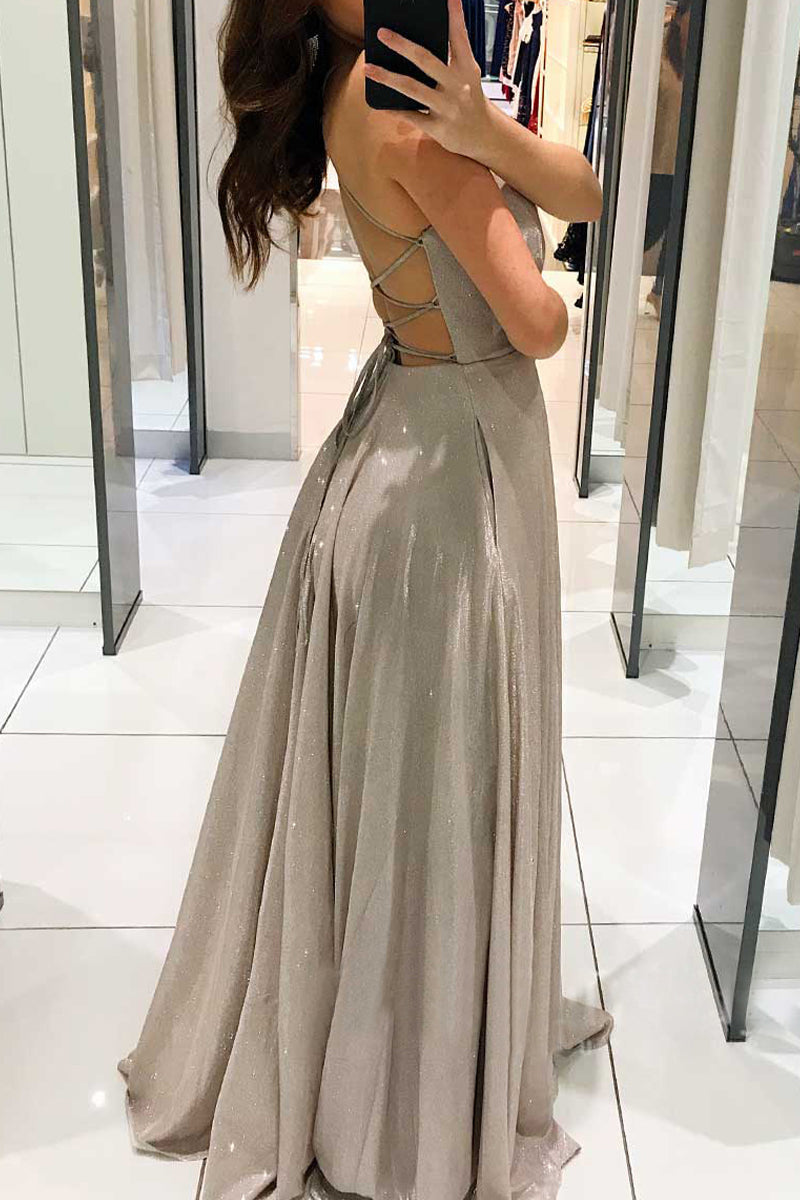 Vestidos de princesa elegantes con escote en V y espalda descubierta de color liso de celebridades