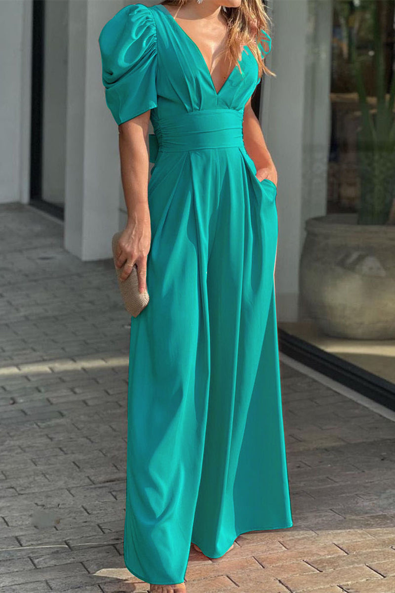 Mono holgado informal sencillo de color liso con cuello en V (5 colores)