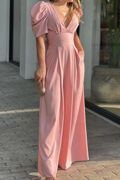 Mono holgado informal sencillo de color liso con cuello en V (5 colores)