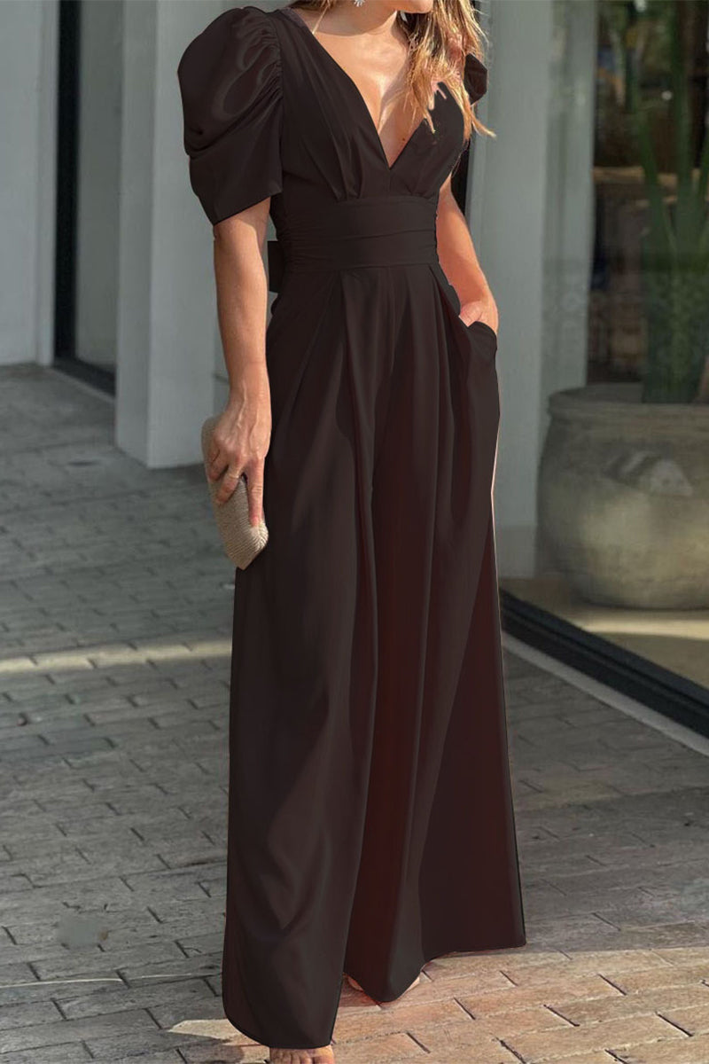 Mono holgado informal sencillo de color liso con cuello en V (5 colores)