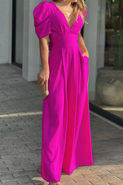 Mono holgado informal sencillo de color liso con cuello en V (5 colores)