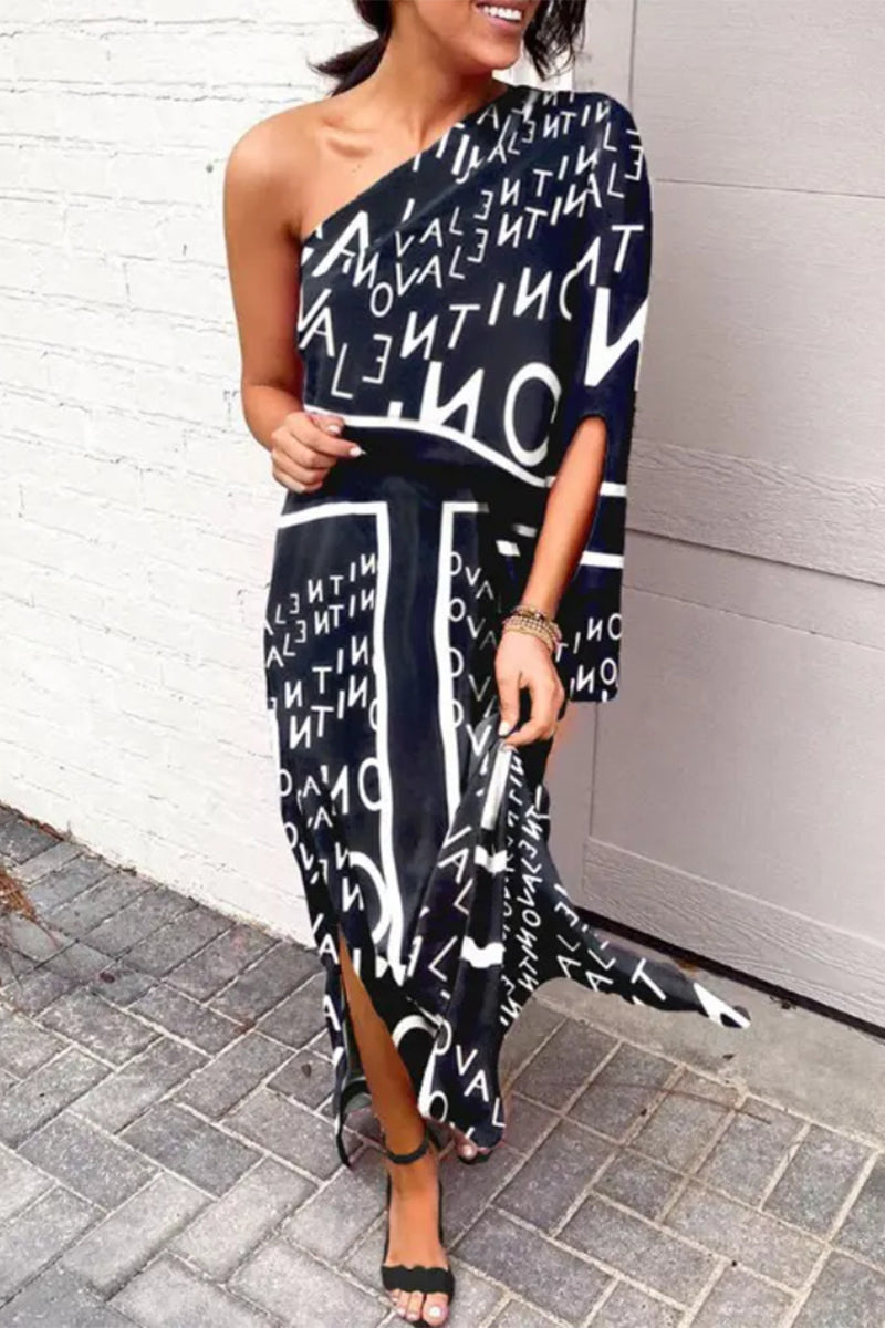 Casual Vacation Print Patchwork Oblique Collar Irregular Dress Dresses(16 Colors)