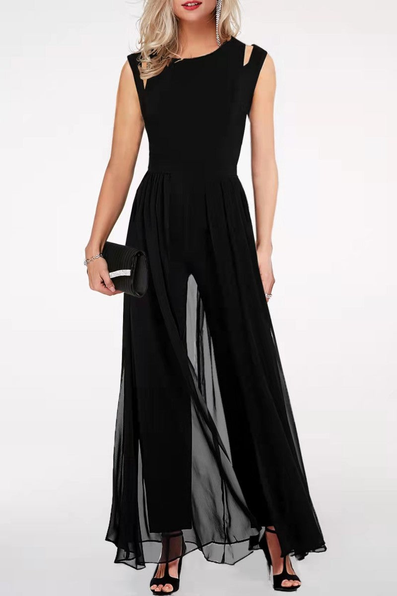 Monos casuales de cuello redondo con parches sólidos y regulares