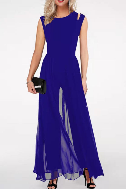 Monos casuales de cuello redondo con parches sólidos y regulares