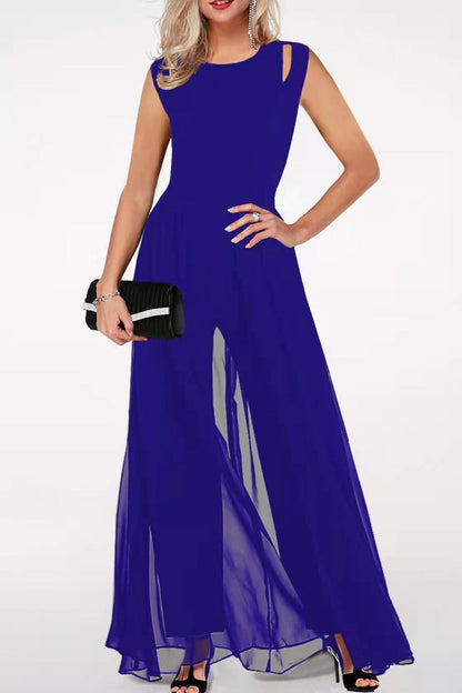 Monos casuales de cuello redondo con parches sólidos y regulares