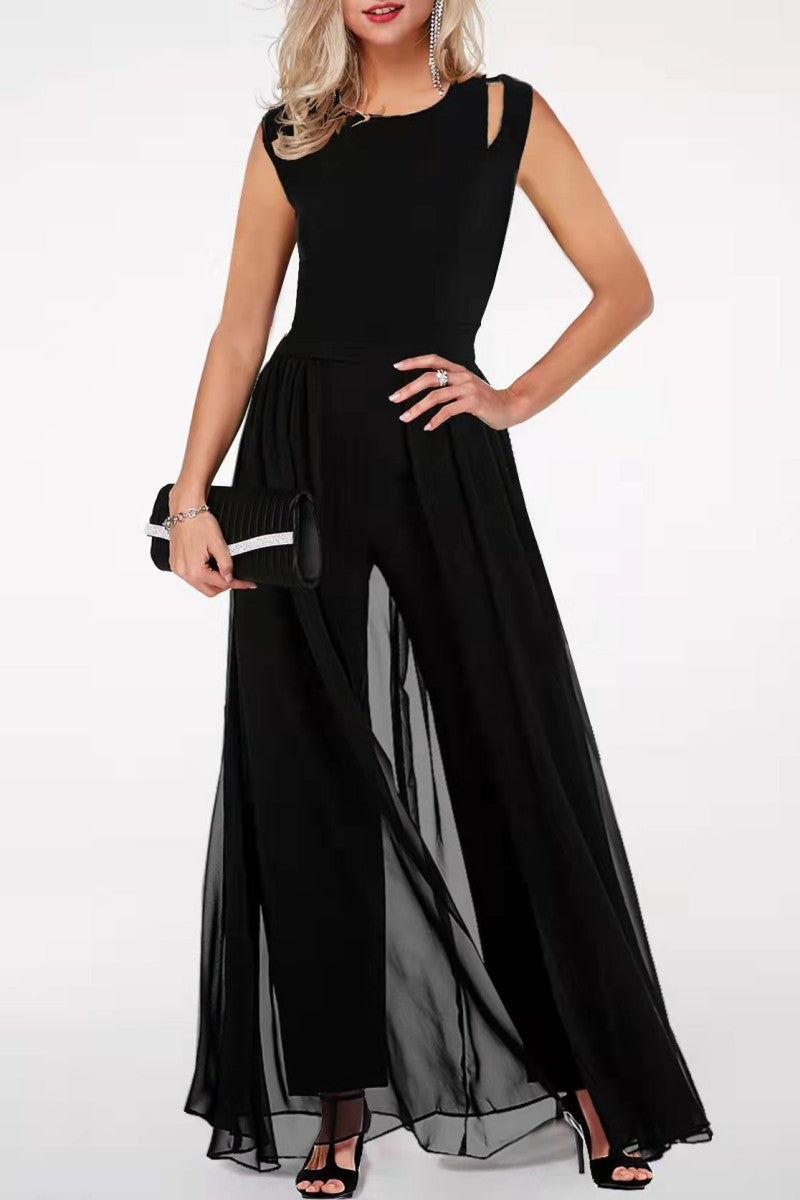 Monos casuales de cuello redondo con parches sólidos y regulares