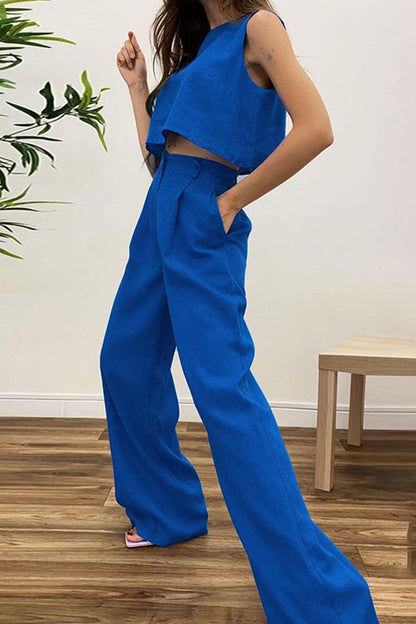 Conjunto informal de dos piezas sin mangas con cuello redondo y parches sólidos