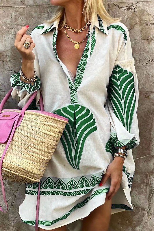 Vestido camisero informal de vacaciones con cuello en V, diseño de patchwork y tótem nacional (4 colores)