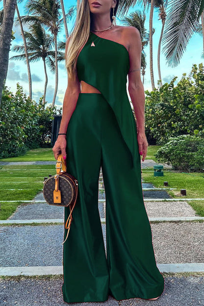 Conjunto informal de dos piezas sin mangas con cuello oblicuo y parches lisos para vacaciones (6 colores)