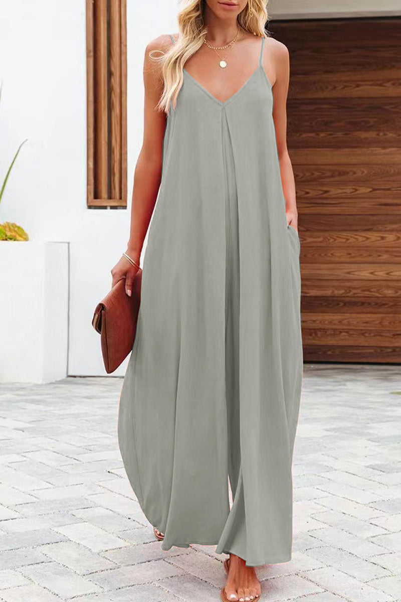 Casual Solid Solid Color V Neck Loose Jumpsuits(6 Colors)