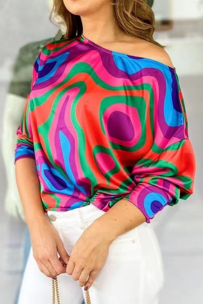 Camisetas elegantes con cuello oblicuo y estampado patchwork (7 colores)