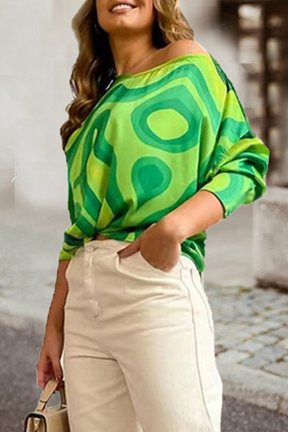 Work Elegant Print Patchwork Oblique Collar T-Shirts