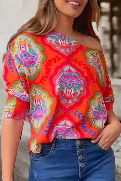 Camisetas elegantes con cuello oblicuo y estampado patchwork (7 colores)