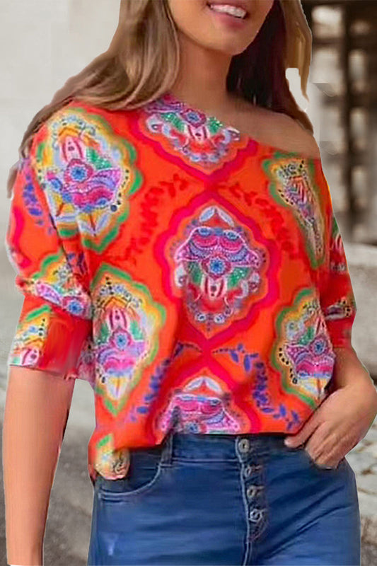 Camisetas elegantes con cuello oblicuo y estampado patchwork (7 colores)