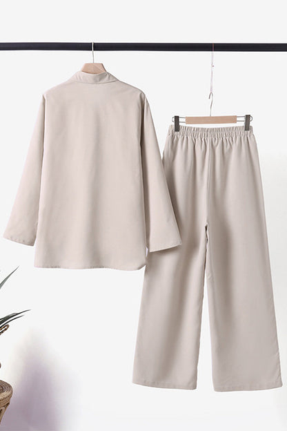 Conjunto informal de dos piezas de manga larga con cuello vuelto, color liso y liso (3 colores)