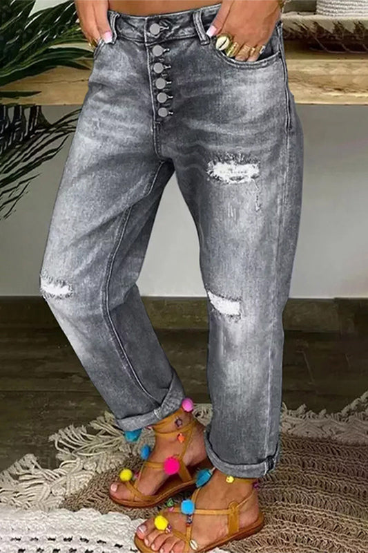 Vaqueros holgados de cintura baja con hebillas rasgadas y corte liso (4 colores)