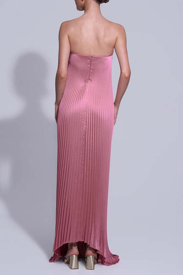 Darling Moment Satin Fabric Off Shoulder V-neck Asymmetric Hem A-line Maxi Dress