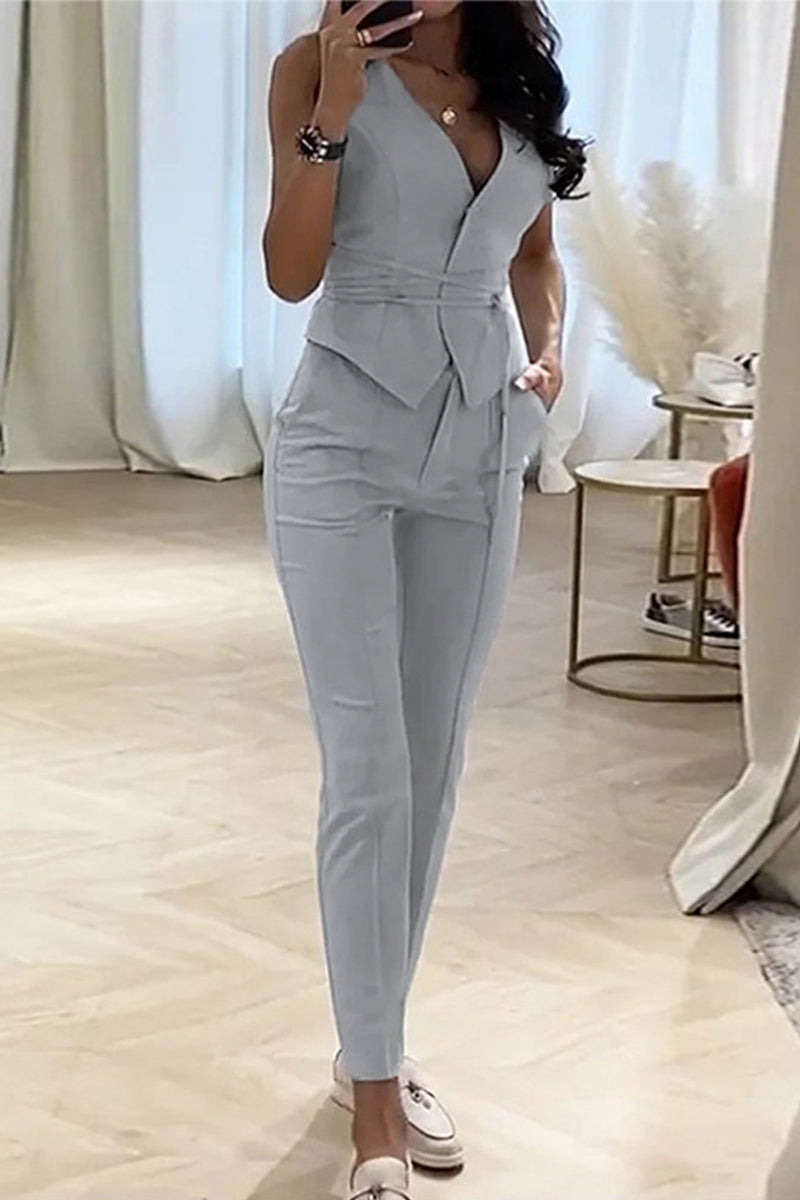 Conjunto de dos piezas sexy de trabajo, liso, con escote en V y sin mangas