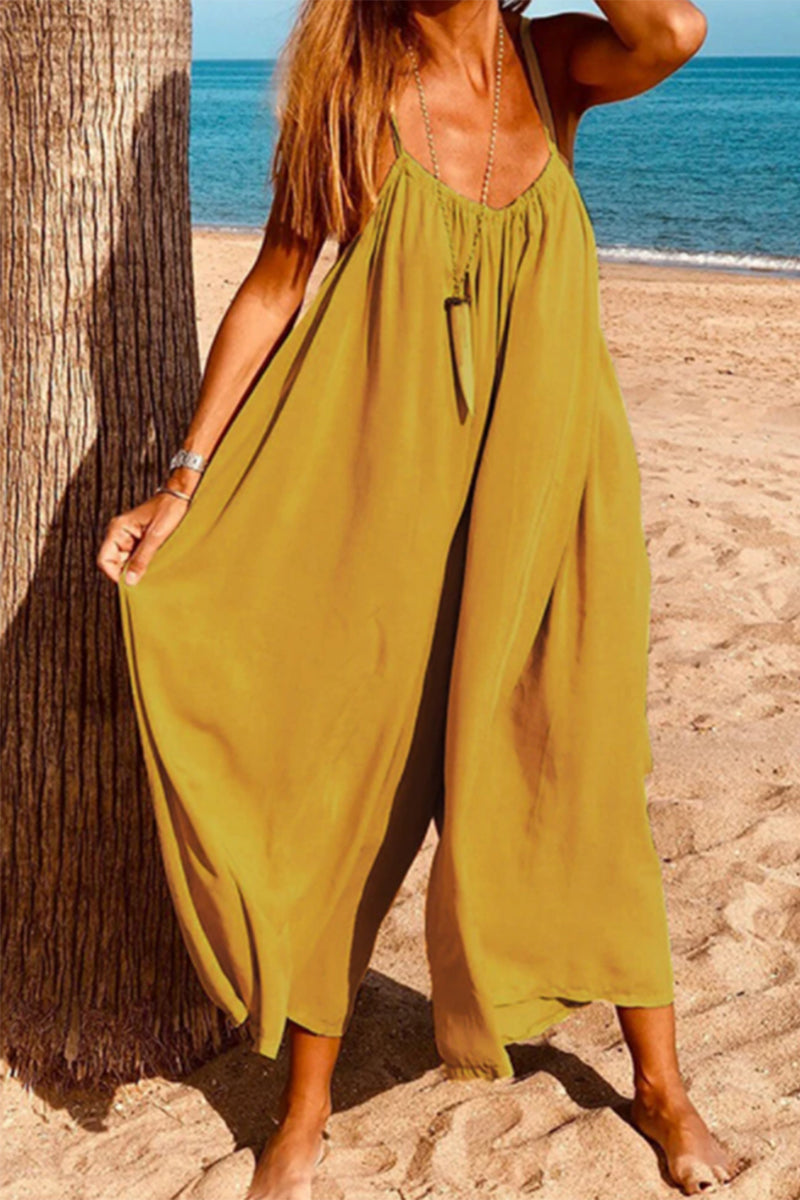 Mono holgado informal sencillo de color liso con cuello en V (6 colores)