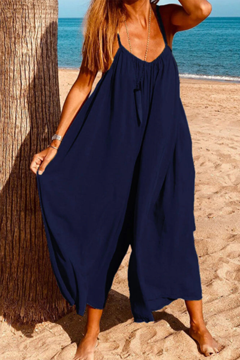 Mono holgado informal sencillo de color liso con cuello en V (6 colores)