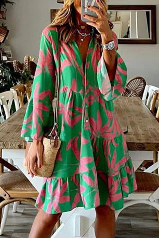 Elegante vestido universitario de patchwork floral con escote en V y falda de un solo paso