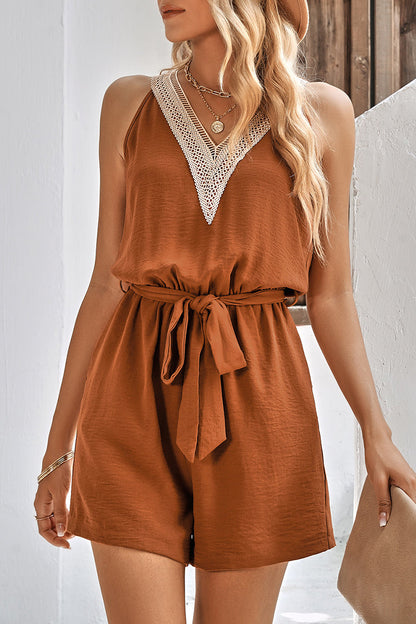 Casual Simplicity Solid Patchwork V Neck Loose Rompers