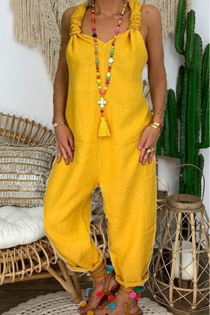 Monos casuales holgados con escote en V anudado, espalda descubierta y lisos (6 colores)