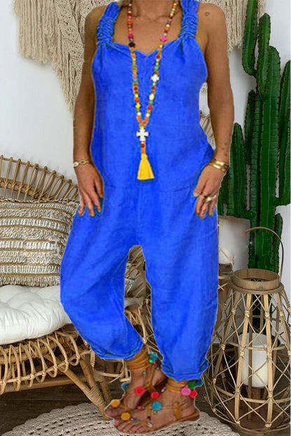 Monos casuales holgados con escote en V anudado, espalda descubierta y lisos (6 colores)