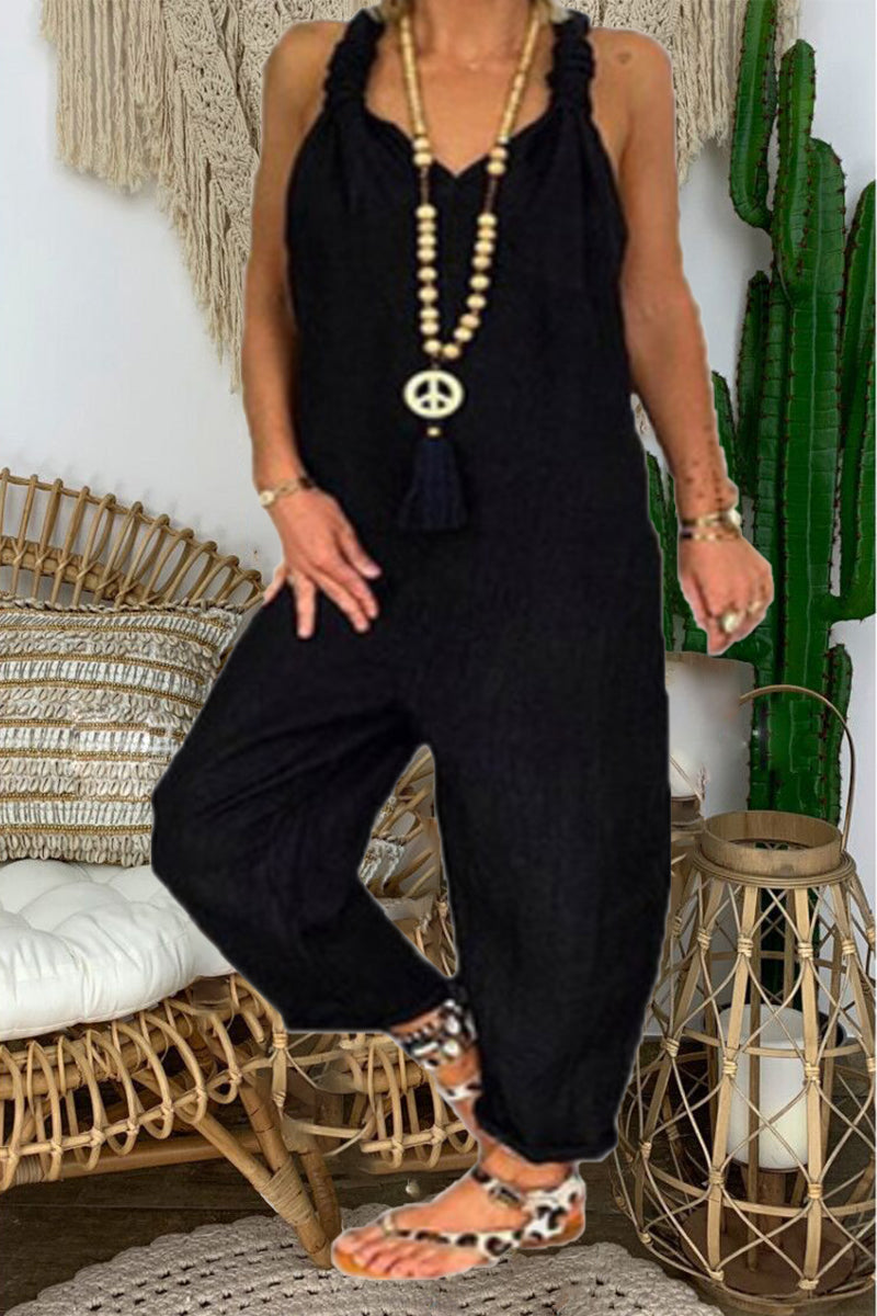 Monos casuales holgados con escote en V anudado, espalda descubierta y lisos (6 colores)