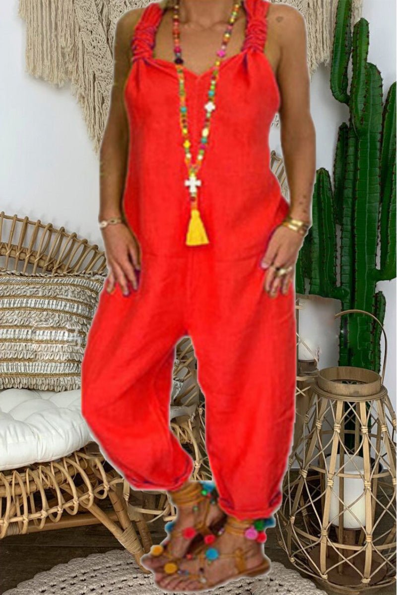 Monos casuales holgados con escote en V anudado, espalda descubierta y lisos (6 colores)