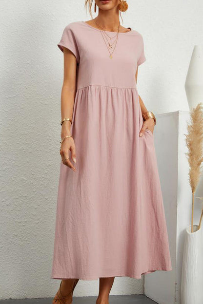 Vestido informal de manga corta con cuello redondo y bolsillos lisos para uso diario (11 colores)