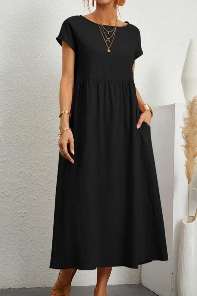 Vestido informal de manga corta con cuello redondo y bolsillos lisos para uso diario (11 colores)