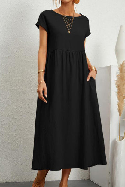 Vestido informal de manga corta con cuello redondo y bolsillos lisos para uso diario (11 colores)