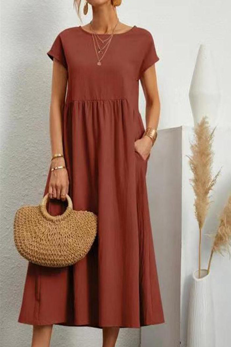 Vestido informal de manga corta con cuello redondo y bolsillos lisos para uso diario (11 colores)