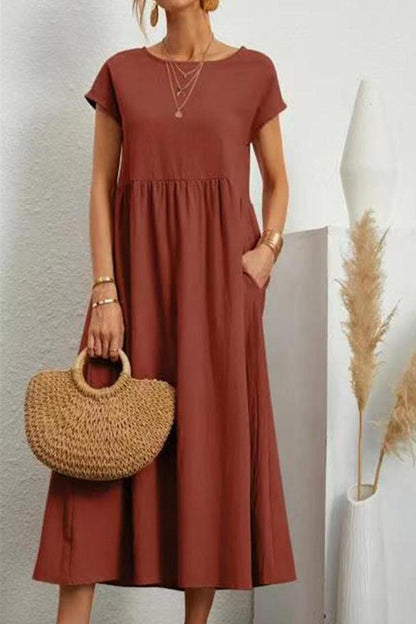 Vestido informal de manga corta con cuello redondo y bolsillos lisos para uso diario (11 colores)