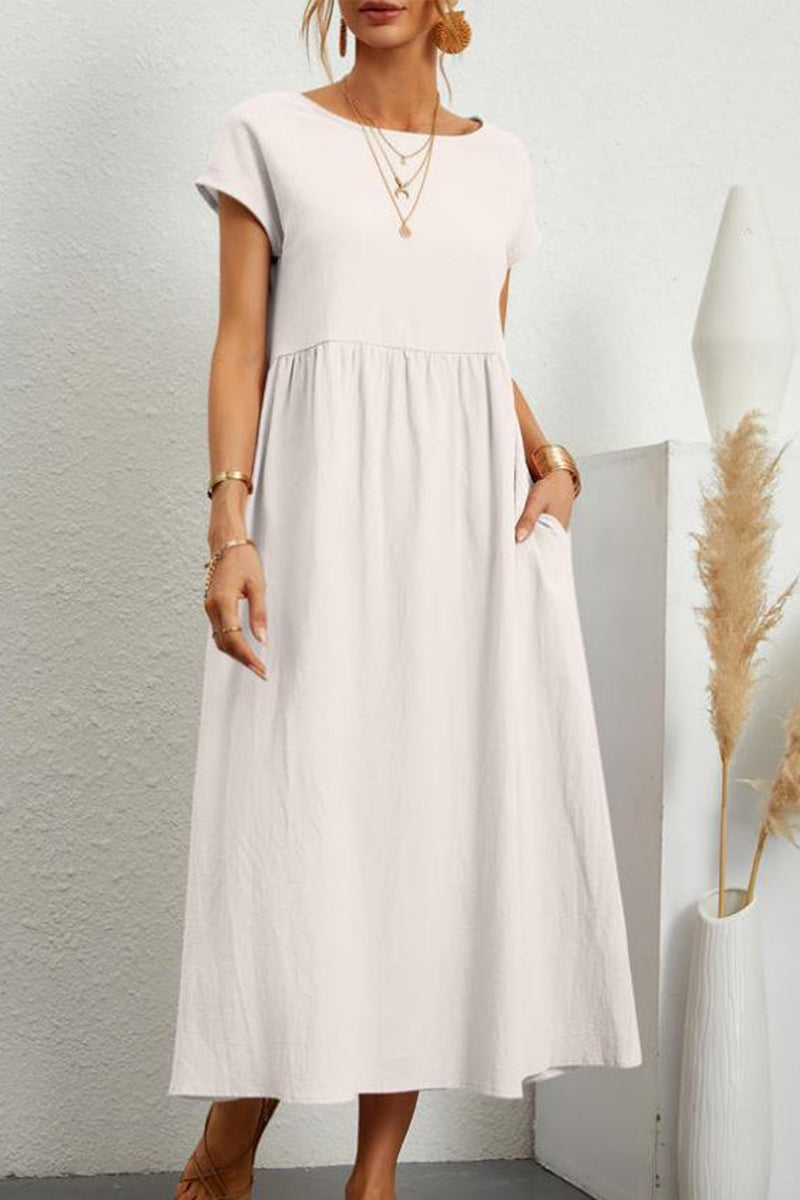 Vestido informal de manga corta con cuello redondo y bolsillos lisos para uso diario (11 colores)