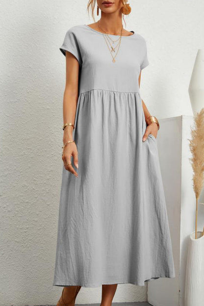 Vestido informal de manga corta con cuello redondo y bolsillos lisos para uso diario (11 colores)