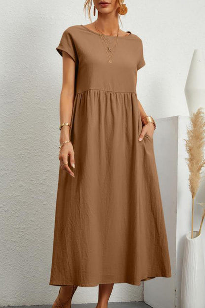 Vestido informal de manga corta con cuello redondo y bolsillos lisos para uso diario (11 colores)