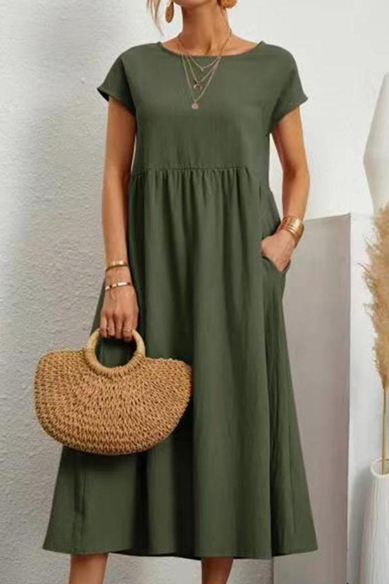Vestido informal de manga corta con cuello redondo y bolsillos lisos para uso diario (11 colores)