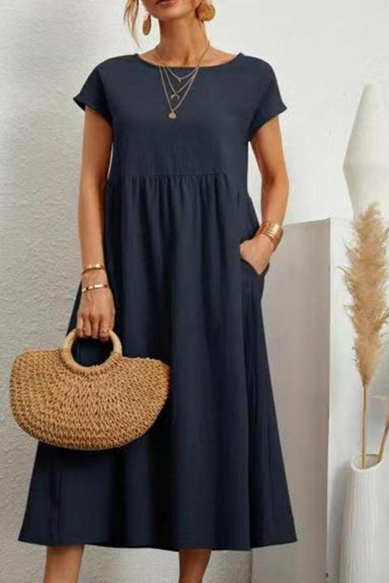 Vestido informal de manga corta con cuello redondo y bolsillos lisos para uso diario (11 colores)