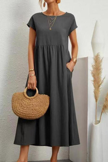 Casual Daily Solid Pocket O Neck Short Sleeve Dress(11 Colors)