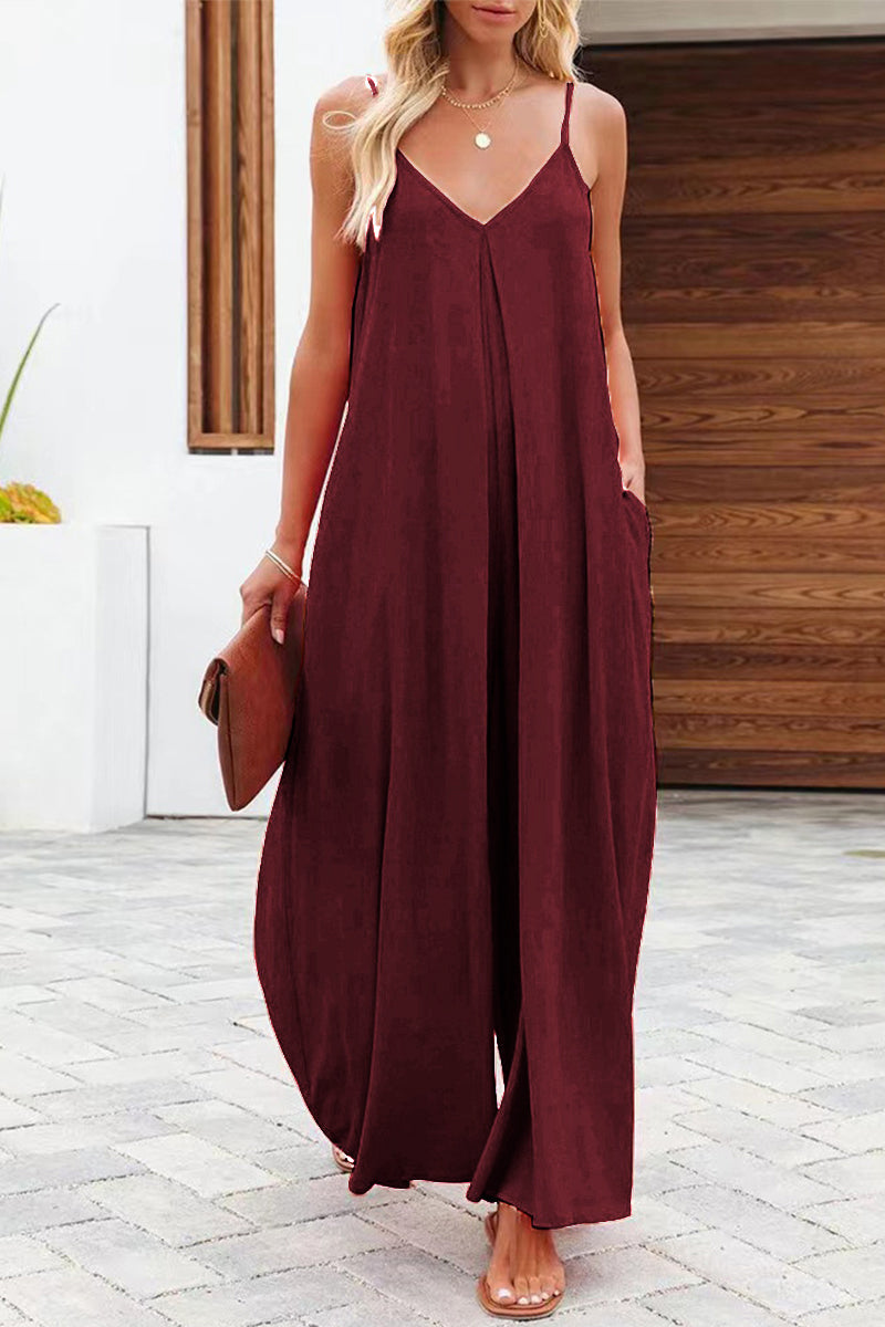 Casual Solid Solid Color V Neck Loose Jumpsuits(6 Colors)