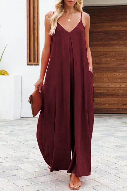Casual Solid Solid Color V Neck Loose Jumpsuits(6 Colors)