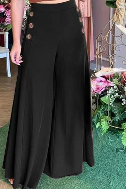 Pantalones casuales, elegantes, lisos, con botones, holgados, de pierna ancha y color liso (3 colores)